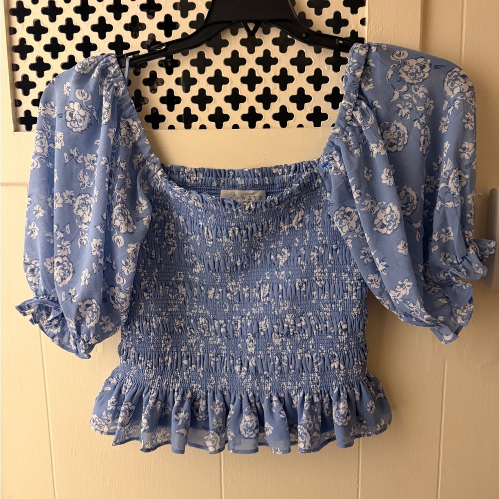 WAYF Blue Puff Sleeve Smocked Blouse